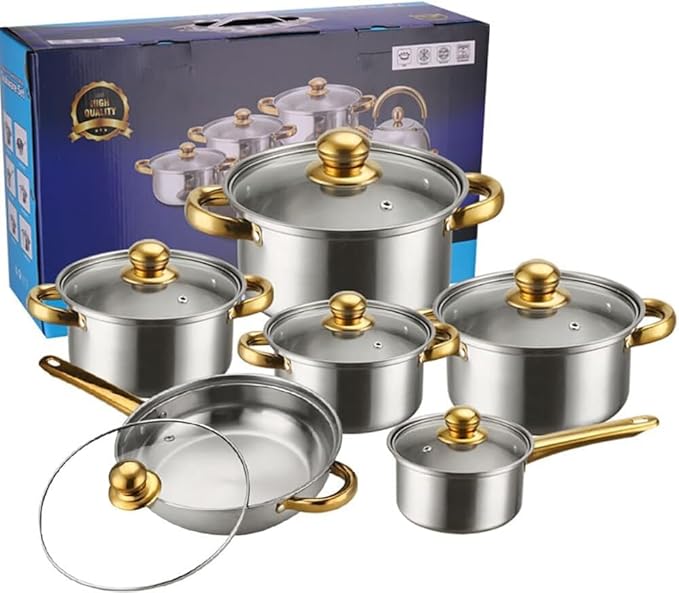 Stainless Heavy Steel Pots and Pans Set 12PCS Ktichen Stainless Steel Nonstick Cookware Set with Glass Lids Full Clad Cooking Set with Stay-Cool Handles Dishwasher Safe Compatible with All Stovetops H