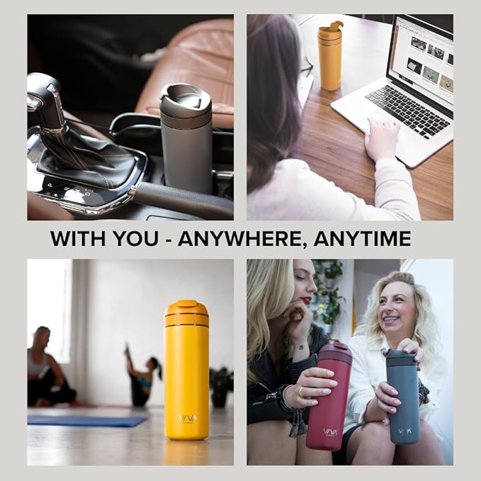 VIVA Recharge Cranberry Red Insulated Tea &amp Coffee Mug &amp Travel French Press Coffee Maker 16 oz Brew &amp Drink From the Same Coffee Mug On the Go or Camping