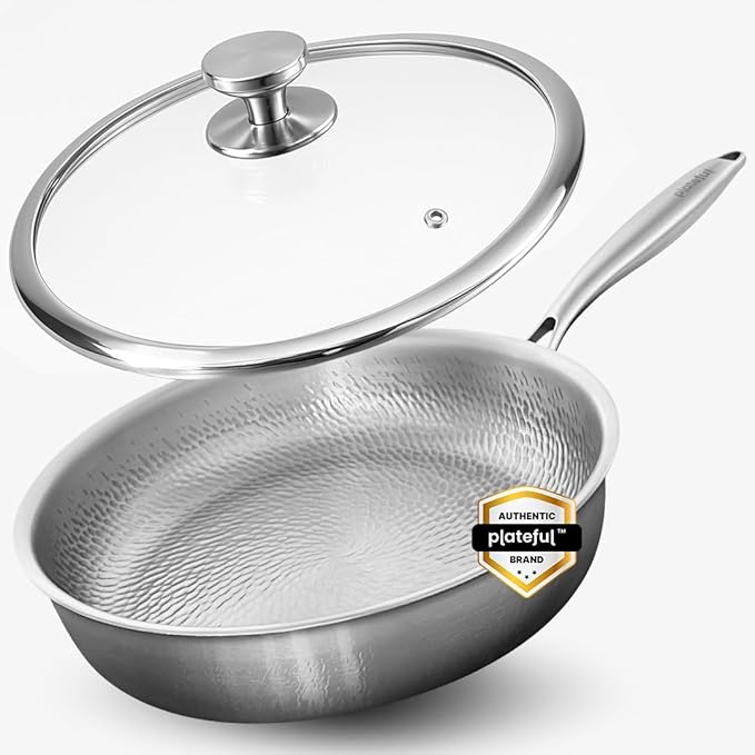 Plateful Titanium Pan For Cooking 12 - Pure No Coating Non-Stick Titanium Cookware Frying Pans Hammered Pan Safe For Oven Induction &amp Cooktops Up To 750°F Includes Lid
