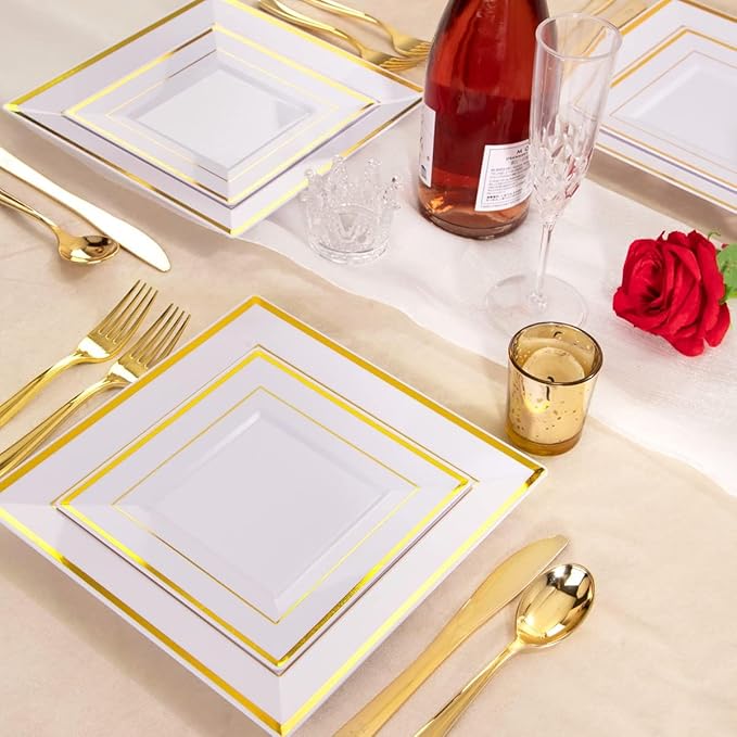 WDF 125pcs Gold Plastic Plates Set - Fall Plastic Plates Gold Rimmed Dinner &amp Salad Plate Silverware (25 Forks Knives Spoons) for Wedding Baby Shower Spring Birthday