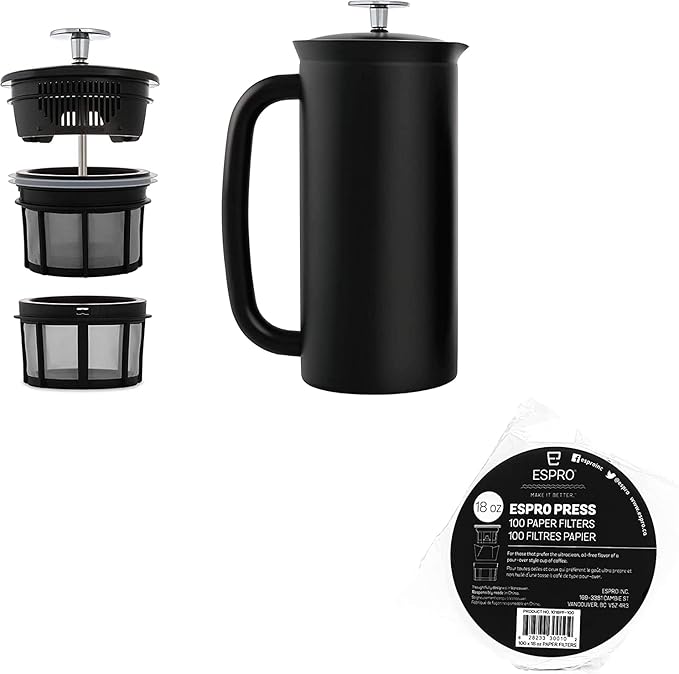ESPRO - P7 French Press - Double Walled Stainless Steel Insulated Coffee and Tea Maker with Micro-Filter - Keep Drinks Hotter for Longer (Matte Black 18 Oz) Coffee Paper Filters (100 Count)