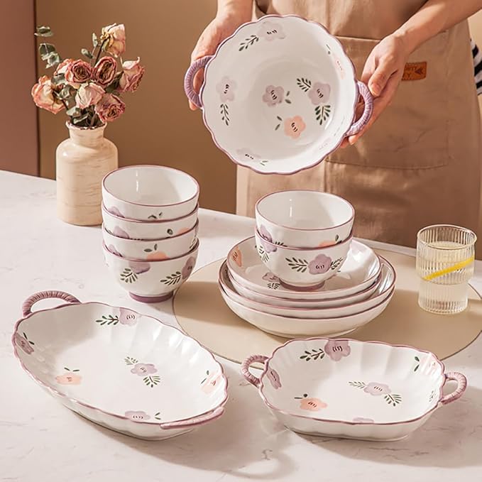 Modern Dinnerware Set Ceramic Plate And Bowl Set Serves 4-10 Purple Floral Dinnerware Set Dinner Salad Dessert Plate And Cereal Bowl SetC