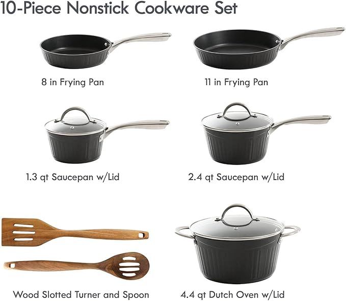 10 Piece Aluminum Nonstick Cookware Set with Lids and Wood Utensils Scratch Resistant Pots and Pans for Cooking