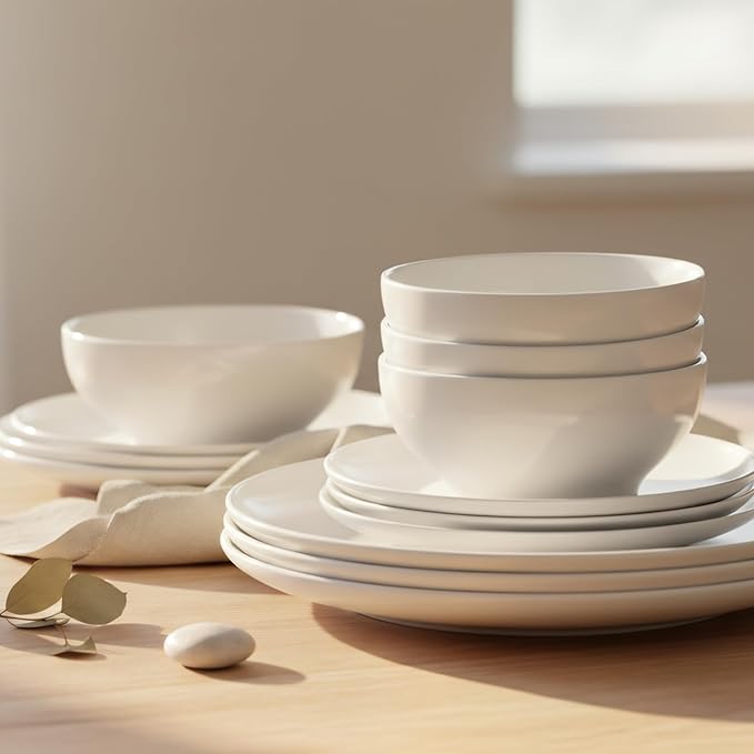 12-Piece Dinnerware Set for 4 White Porcelain Plates and Bowls Chip Resistant Dishwasher Microwave Safe