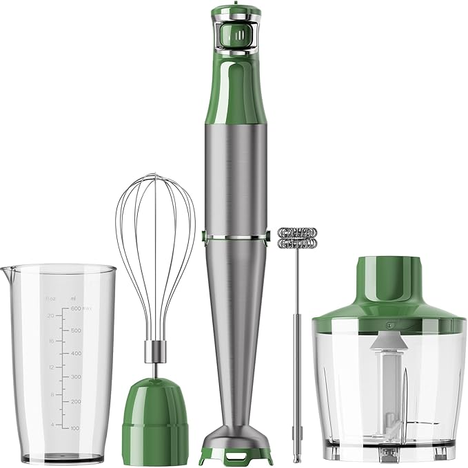 Immersion Blender Handheld Corded Hand Blenders Set 1100W Trigger Variable Speed 5 in 1 Stick Emulsifier with Chopper Whisk and Frother for Soup Baby Food and Smoothies Green