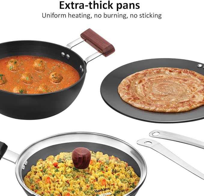 Hawkins Futura 6-Piece Hard Anodised Induction Gift Set - 2L Kadhai 20cm Frying Pan 26cm Tava Glass Lid Stainless Steel Skimmer and Turner (HAGP1)