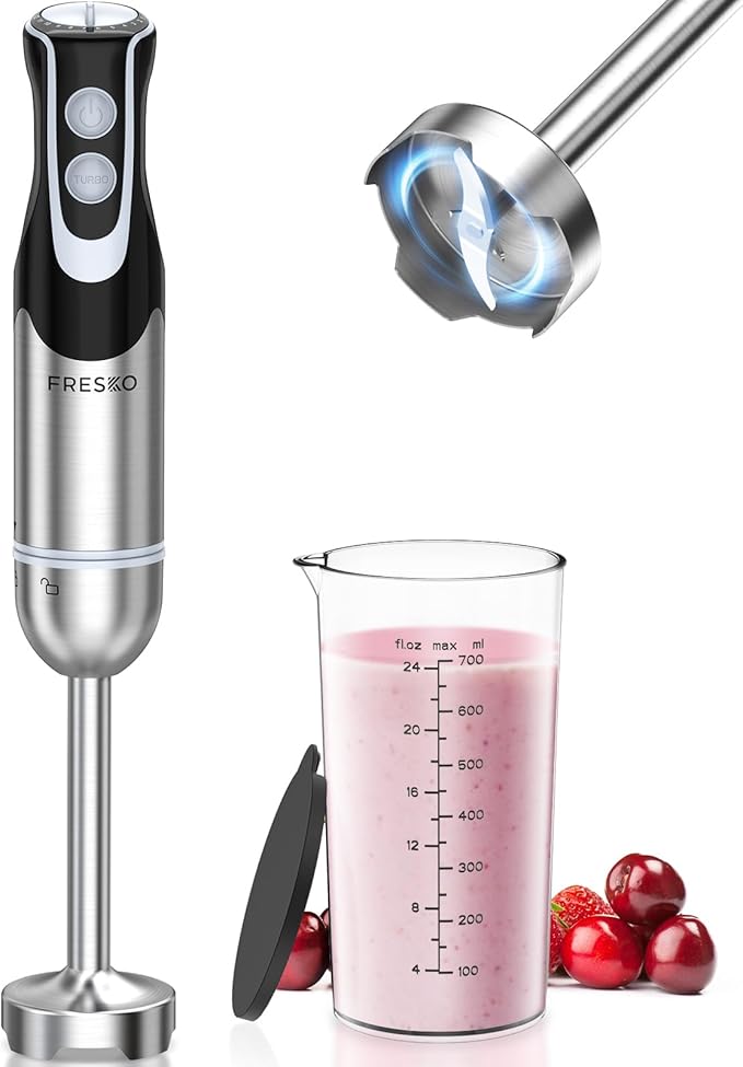FRESKO Immersion Handheld Blender 500W with 700ml Beaker 12-Speed &amp Turbo Mode Hand Blender Stick 304 Stainless Steel Blades for Soup Smoothie Puree Baby Food