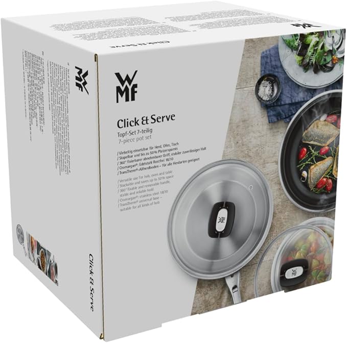WMF Click&ampServe Induction 7-Piece Saucepan Set Removable Handle Cooking Pot Set with Glass Lid Frying Pan Cromargan Stainless Steel