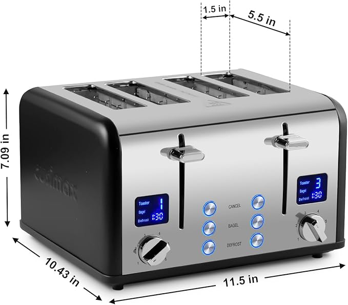 CUSIMAX 4 Slice Toaster with Smart LED Display Stainless Steel Toaster with Exart Wide Slots 6 Shade Settings Bagel Defrost and Cancel Fuction 1650 Watts Removable Crumb Trays Black