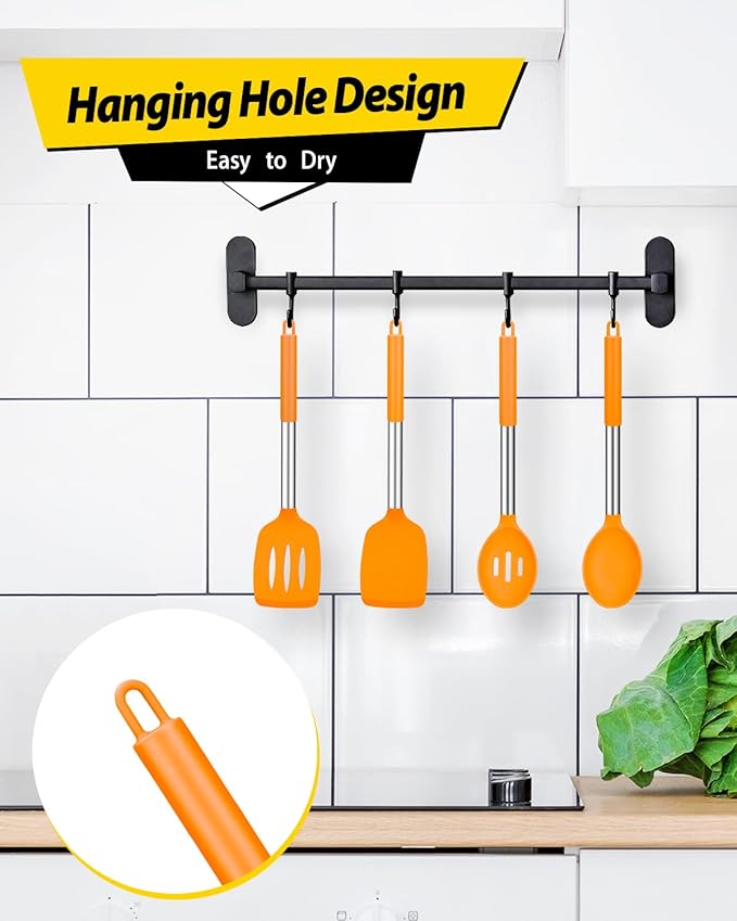 Pack of 4 Silicone Cooking Utensils Set Non Stick Large Solid Spatulas Heat Resistant Slotted Spoons Ideal BPA Free Kitchen Turners for Frying MixingServingDrainingTurningStirring (ORANGE)