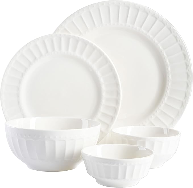 Gibson Home Zen Buffet Porcelain Ceramic Dinnerware Sets for 8 Plates and Bowls Set (40pcs) White Embossed Dishes