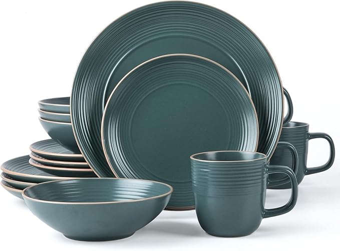RINGAR Round Stoneware 16pc Dinnerware Set of 4 Dinner Plates Side Plates Cereal Bowls Mugs - Speckle Matte Green (434540)