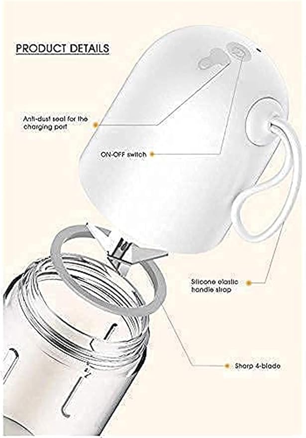 Portable Blender for Milkshakes and Baby Food Mini Handheld LCD Juicer Cup 1200mAh USB Rechargeable with four Blades for Home and Outdoors（White）
