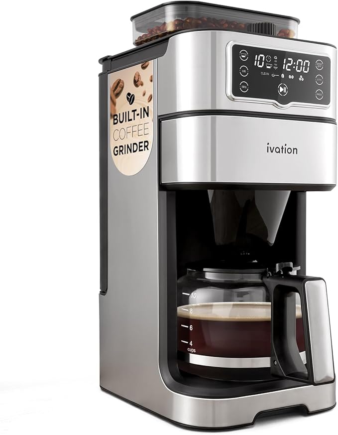Ivation 2-in-1 Drip Coffee Maker &amp Grinder – Programmable Auto Brew &amp Timer - Warming Plate - 10 Cup - Reusable Filter Basket – 1.5L Water Tank – 1000W - Pause and Pour