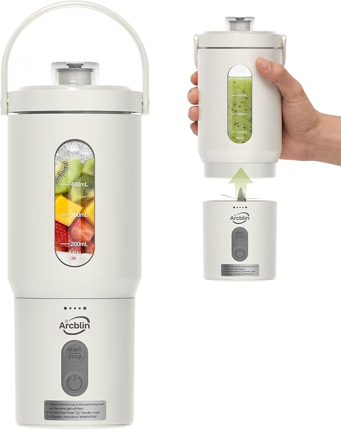 Portable Blender for Shakes and Smoothies 17oz Personal Blender with Detachable To-Go Cup &amp Carry Handle USB-C Rechargeable Mini Juicer Auto-Shutoff BPA Free Dishwasher Safe White