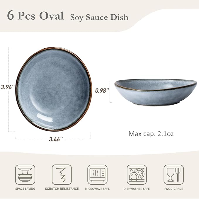 Famiware Ocean Square 12 Pieces Dinnerware Set + 6 Pieces Oval Dipping Bowl Set Microwave and Dishwasher Safe Blue
