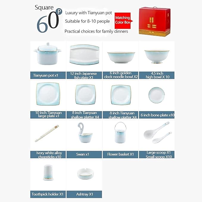 Dinnerware Sets Dish Set 56/60Pcs Ceramic Dinnerware Set Bone China Tableware Dishes Plates Ceramic Combination Dinner Service Set Diner Set Porcelaine