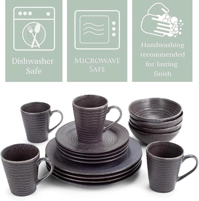 16-Piece Ribbed Dinner Set Black