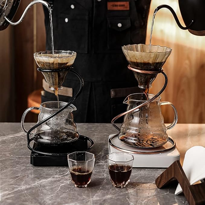 Pour Over Coffee Maker Set - Glass Dripper Metal Stand 600ml Heat-Resistant Server 40 Filters - 4 in 1 for Home or Office (Bronze)