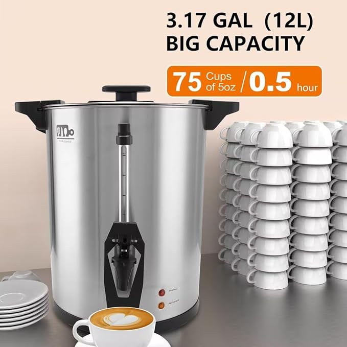 75 Cup 12L/3.17Gallon Commercial Coffee Urn Festa Essential 950W Large Percolate Coffee Maker Hot Beverage dispenser With Double Dripless Faucet Quick-Brewing Hot Water Urn for CateringHomeEvents