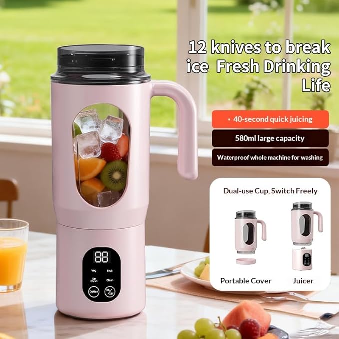 Portable Juicer with LED Display - USB Rechargeable Handheld Juice Blender Plastic Li-Ion Battery-Powered Home JuicerFor Smoothie and Juice Blender with Ice Crush (White)