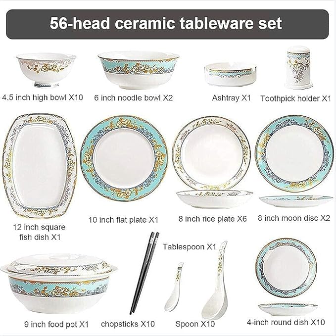 GaRcan Dinner Plate Luxurious Dinner Set for Party or Wgifts Dinnerware Sets Porcelain Bchina Dish Sets Bowls/Dessert Plates/Dinner Plates/Pot/Saucers Prime Service for 10/56 Pcs (56 Pcs)