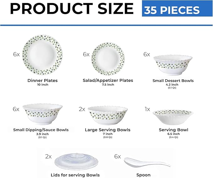 Borosil Gourmet Dinnerware Set For 6 35 Pieces White Dinner Plates and Bowls Sets Chip Resistant Tempered Opal Glass Stain Resistant Dishwasher &amp Microwave Safe Dinner Set For Gifting Serves