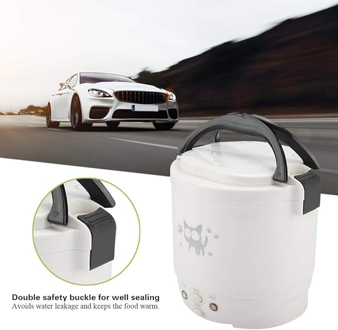 Mini Rice Cooker Steamer 12V 100W 1L Electric Travel Rice Cooker Small Box Multi-function Cooking Steaming Lunch Box for Cars Home Office School Cook Raw Food(White)