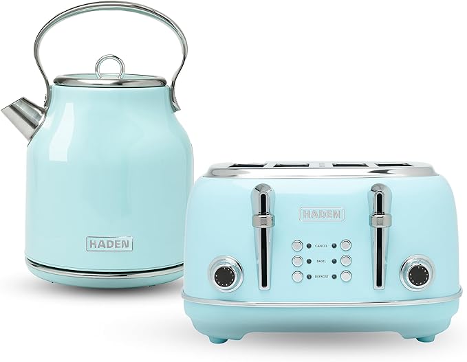 Haden Heritage 4 Slice Wide Slot Stainless Steel Toaster Bundled with 1.7 Liter Stainless Steel Electric Water Kettle Turquoise &amp Chrome