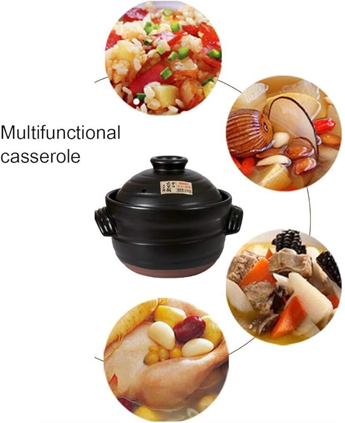 Clay Rice PotJapanese Rice Cooker with Double LidRound Ceramic CasseroleHeat Resistant Glazed Earthenware PotSlow Stew PotStockpotHot Pot Black 0.9l (Black 2.3L)