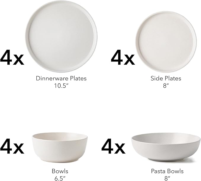 SKUGGA Round Stoneware 16pc Double Bowl Dinnerware Set for 4 Dinner and Side Plates Cereal and Pasta Bowls - Matte White(466077)