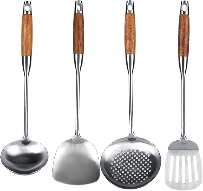 Chef Kitchen Cookware Set 4 Piece Nonstick Spatula Set Black Wooden Handle Stainless Steel Kitchen Gadgets