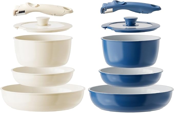 Redchef Ceramic Pots and Pans Nonstick Kitchen Cookware Non Toxic Pots and Pans Non Stick PFAS PFOA &amp PTFE Free Detachable Handle 10 Piece Set (Beige+Blue) RV Cookware