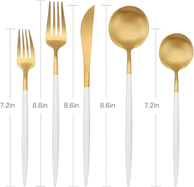 Matte Gold Silverware Set with white handle Bysta 20-Piece Stainless Steel Flatware Set Kitchen Utensil Set Service for 4 Tableware Cutlery Set for Home and Restaurant Dishwasher Safe