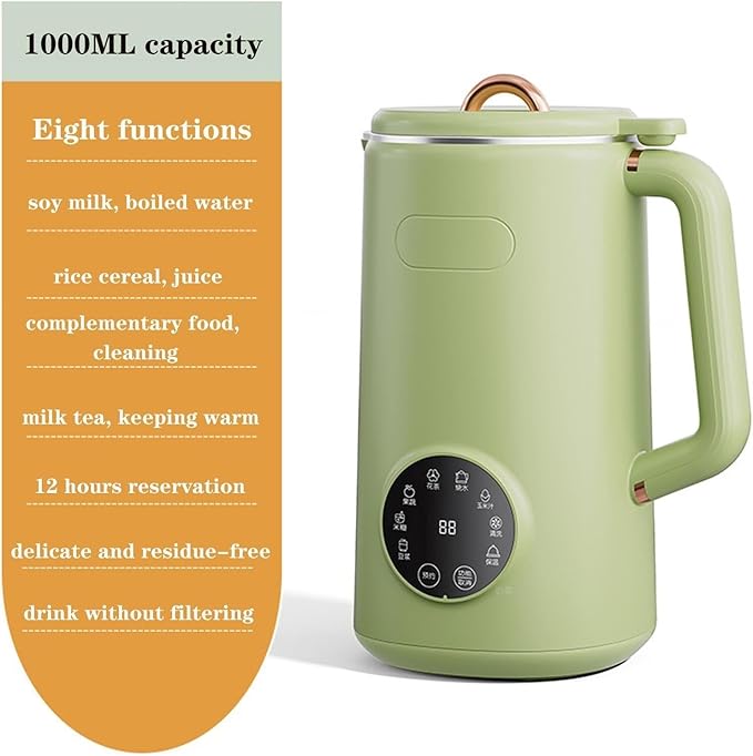 Mini Soybean Milk Maker Portable Soy Milk Machine with 8 Functions Juicer Maker Free Filtering Self Cleaning for Household Green
