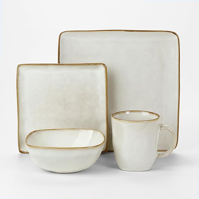 Famiware Ocean Square Plates and Bowls Sets for Kitchen 16-Piece Dinnerware Sets for 4 Mug Set for 4 Cappuccino White