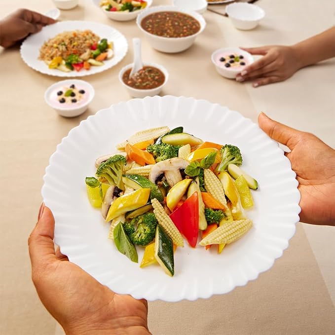 Borosil Gourmet Dinnerware Set For 6 35 Pieces White Dinner Plates and Bowls Sets Chip Resistant Tempered Opal Glass Stain Resistant Dishwasher &amp Microwave Safe Dinner Set For Gifting Serves