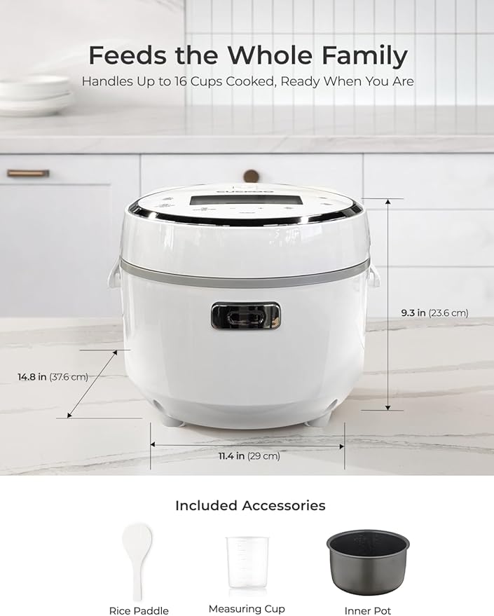 CUCKOO Micom Rice Cooker 8-Cup Uncooked / 16-Cup Cooked with Nonstick Inner Pot Large Rice Maker with 9 Menu Options Fuzzy Logic Technology Auto Clean Mode LCD Display White (CR-0810F)