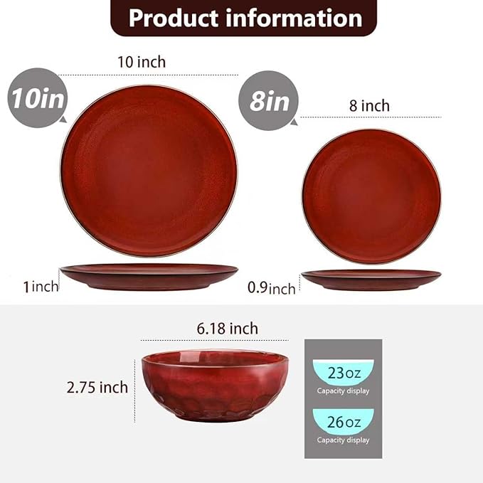 Vicrays 12-Piece Ceramic Dinnerware Set Dinner Plates Salad Plates &amp Cereal Bowls Dish Set for 4 Microwave Oven &amp Dishwasher Safe Scratch Resistant Cherry Red