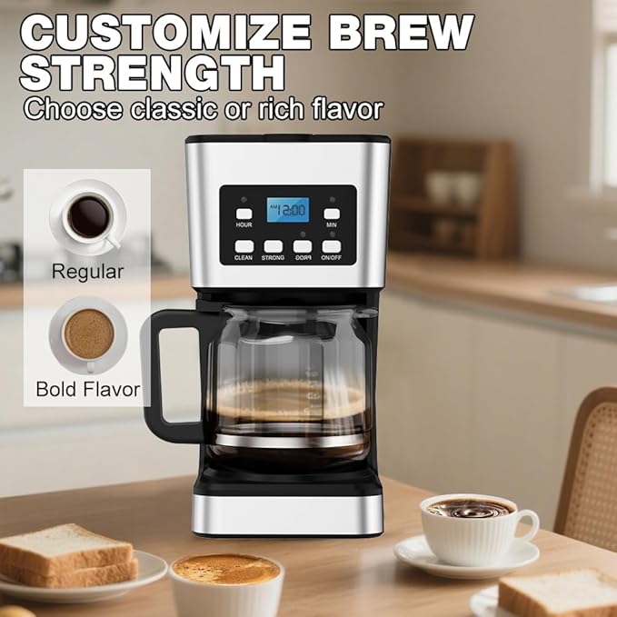 12-Cup Programmable Coffee Maker Regular &amp Strong Brew Drip Coffee Machine for Home and Office Glass Carafe Pause &amp Serve Auto Shut Off Gray &amp Stainless Steel (Black)