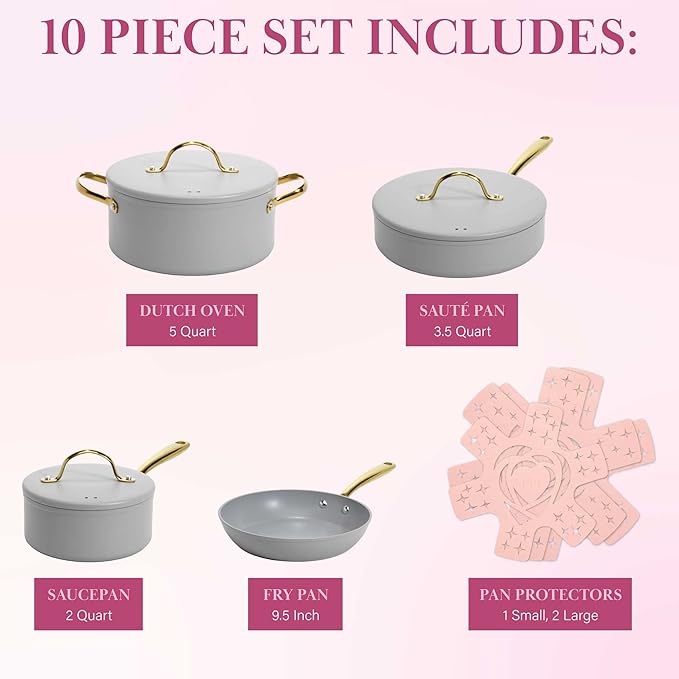 Paris Hilton Iconic Nonstick Pots and Pans Set Multi-layer Nonstick Coating Matching Lids With Gold Handles Made without PFOA Dishwasher Safe Cookware Set 10-Piece Light Gray