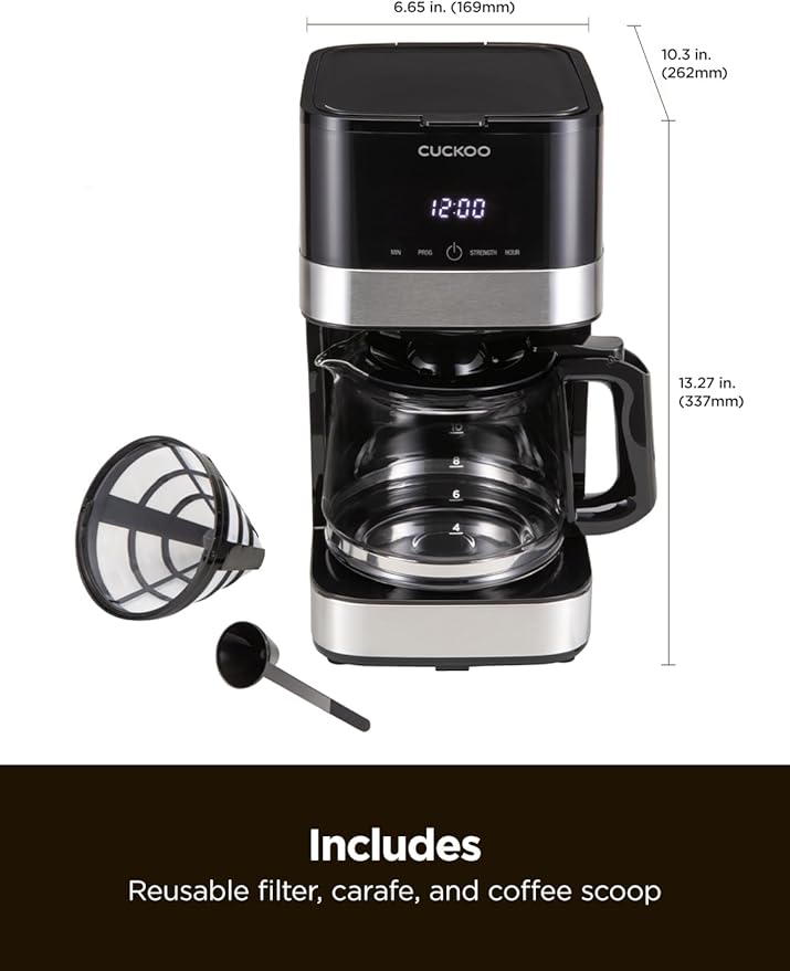 CUCKOO Classic 10-Cup Drip Coffee Maker Easy To Use Coffee Machine with Programmable Timer Includes Glass Coffee Pot with Two Brew Strength Settings and Reusable Mesh Filter (CCM-BD011B)