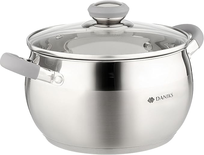Daniks Modern 4 Quart Stainless Steel Stock Pot with Glass Lid Tri-Ply Bottom for Even Heating Induction Compatible Dishwasher Safe Heatproof Handles