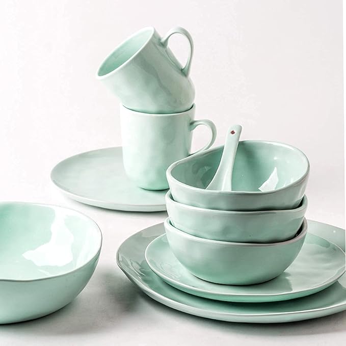 Classic Porcelain Dinnerware SetsIrregular Cereals Bowls and Steak Plates Sets|30 Pieces Light Green Ceramics Dinner Combination Set for
