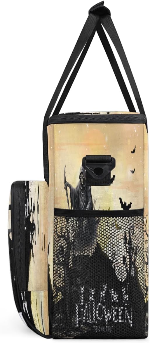 Halloween Skull Scythe Bat Coffee Maker Carring Bag Travel Carrying Storage Tote Bag Compatible with Keurig K-Mini or K-Mini Plus Portable Single Serve Coffee Brewer Case with Pockets for K-cup Pods