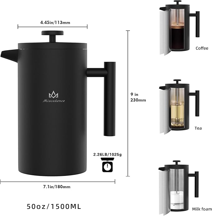 French Press Coffee Maker 50OZ Double Wall Vacuum Insulated 304 Stainless Steel for Home Camping and Office