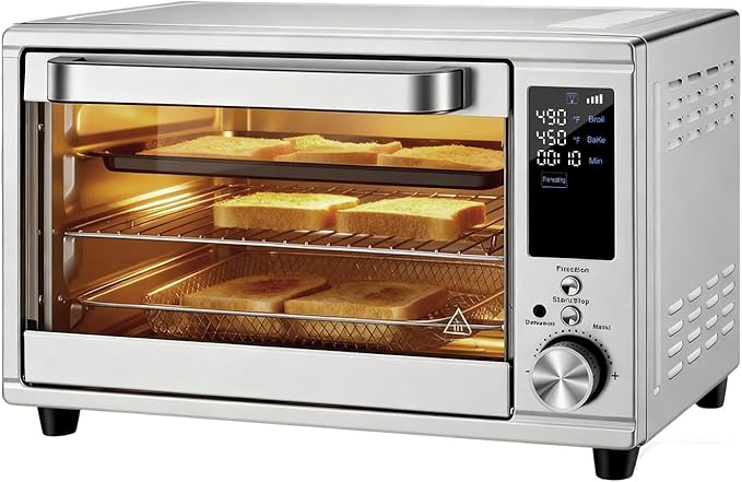 NEWBULIG 30QT Air Fryer Toaster Oven 13-in-1 Multi-Function Smart Airfryer Large Countertop Air Fryer Oven 0-450°F Heating Control 120 Min Timer Chrome Fry Basket Interior Light