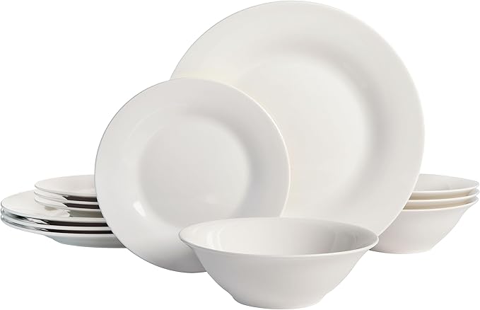 Gibson Home Zen Buffet Round 12 Piece Porcelain Chip and Scratch Resistant Dinnerware Plates and Bowls Set Scratch &amp Chip Resistant