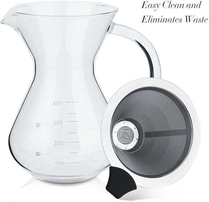Hakeeta 400ml Coffee Maker Pour-Over Glass Coffeemaker with Stainless Steel Permanent Filter. Manual Coffee Dripper Brewer