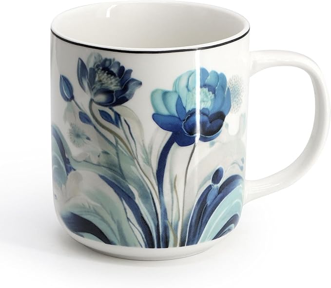 16‑Piece Porcelain Dinnerware Set with Floral Design – Round Plates Bowls and Mugs Microwave &amp Dishwasher Safe Tableware for 4 (Blue)